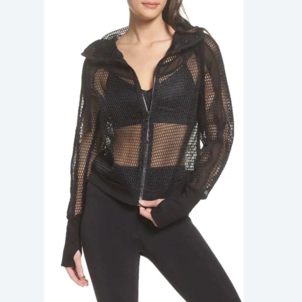 ALO Yoga Mesh Fortuna Hoodie Jacket Black Fishnet Zip Thumbholes Streetwear L